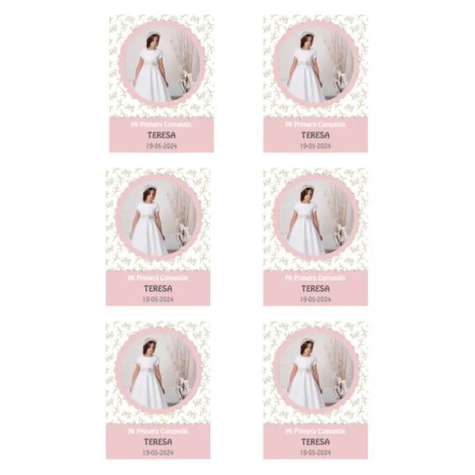 Papel de azúcar con foto, nombre y fecha personalizada - Mi primera Comunión rosa 6 x 8 cm (6)