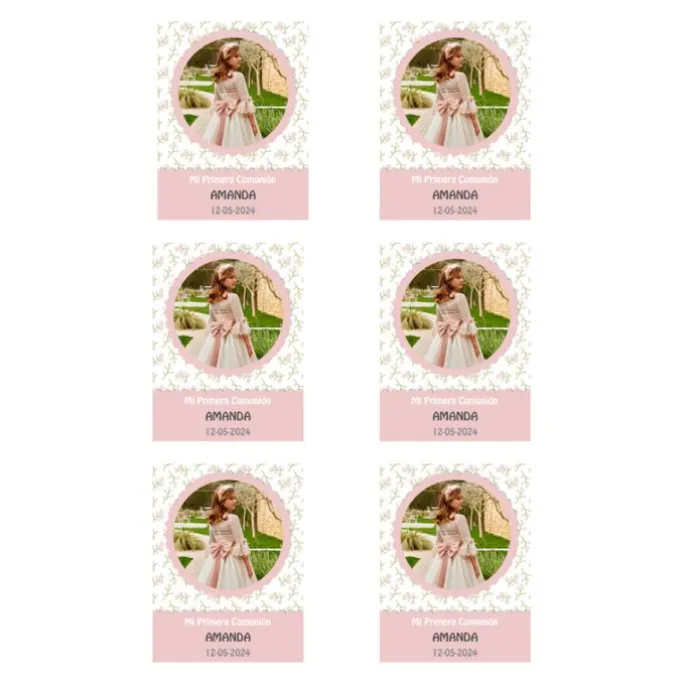 Papel de azúcar con foto, nombre y fecha personalizada - Mi primera Comunión rosa 6 x 8 cm (6)