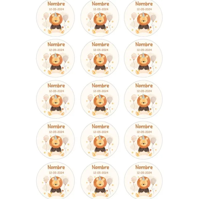Papel de azúcar - 15 círculos iguales de 5 cm nombre y fecha León - Impresión comestible personalizada