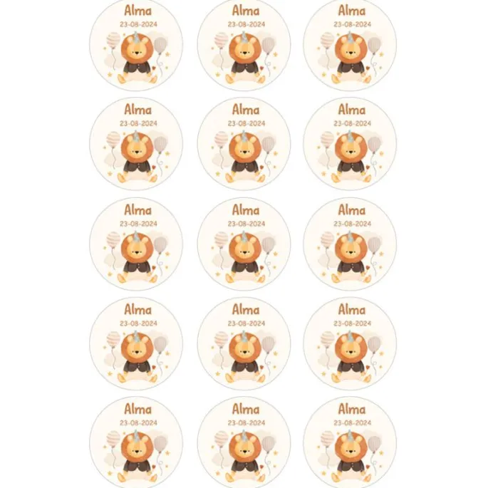 Papel de azúcar - 15 círculos iguales de 5 cm nombre y fecha León - Impresión comestible personalizada