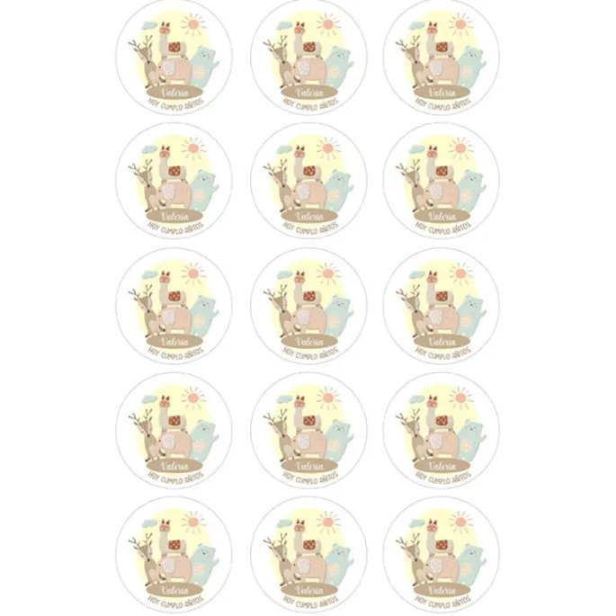 Papel de azúcar - 15 círculos iguales de 5 cm Nombre y rótulo Animalitos - Impresión comestible personalizada