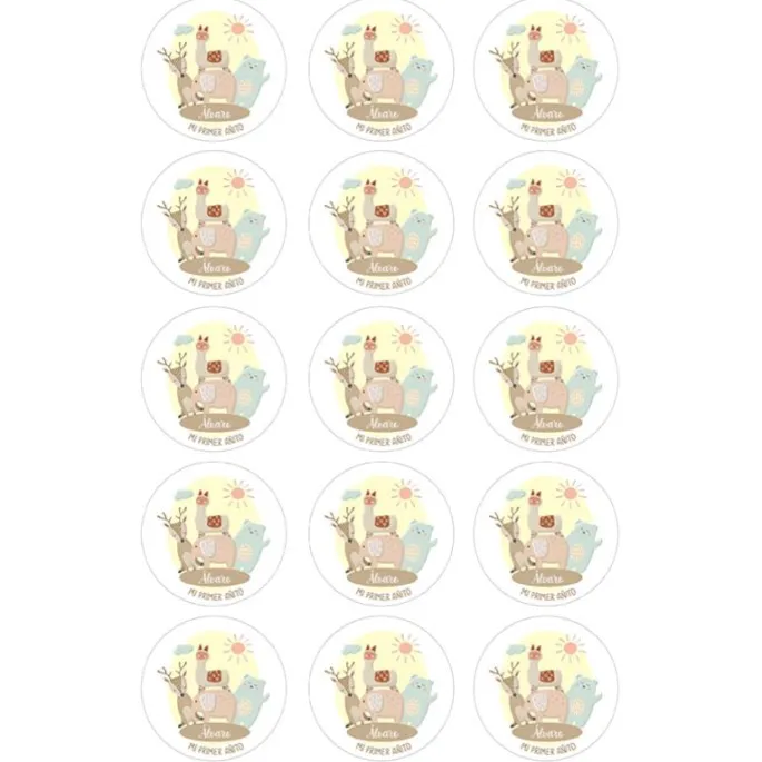 Papel de azúcar - 15 círculos iguales de 5 cm Nombre y rótulo Animalitos - Impresión comestible personalizada