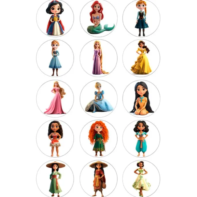 Papel de azúcar de las Princesas Disney - 5 cm (15) - María Lunarillos
