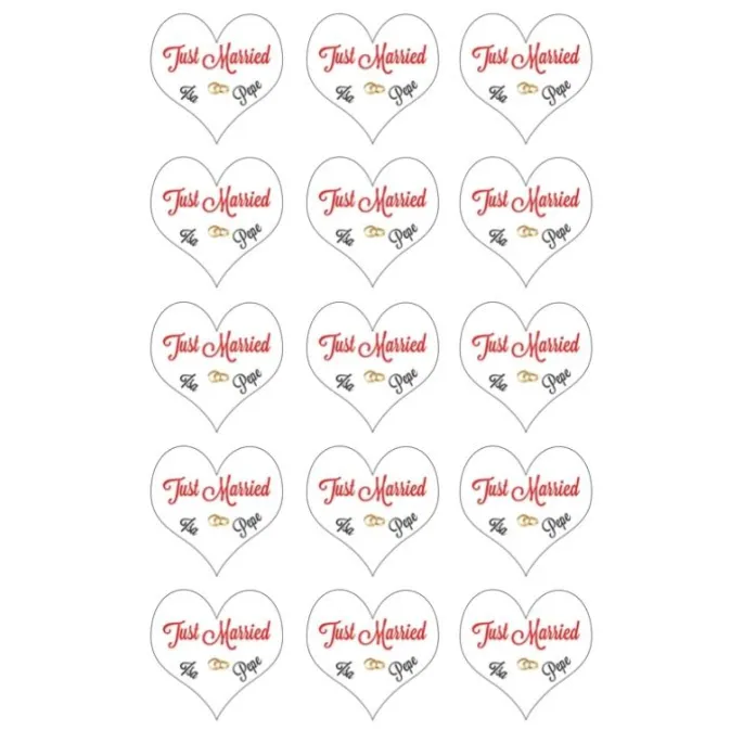 Papel de azúcar - 15 diseños iguales en Círculos de 5 cm Nombres Just Married - Impresión personalizada