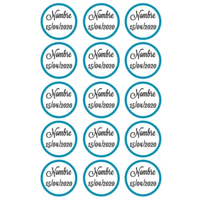 Papel de azúcar - 15 diseños iguales en Círculos de 5 cm Nombre y fecha Nacimiento - Impresión comestible personalizada