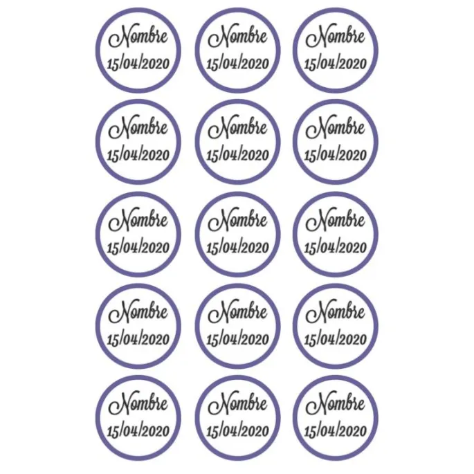 Papel de azúcar - 15 diseños iguales en Círculos de 5 cm Nombre y fecha Nacimiento - Impresión comestible personalizada