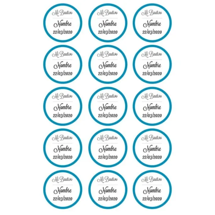 Papel de azúcar - 15 diseños iguales en Círculos de 5 cm Nombre y fecha Mi bautizo - Impresión comestible personalizada