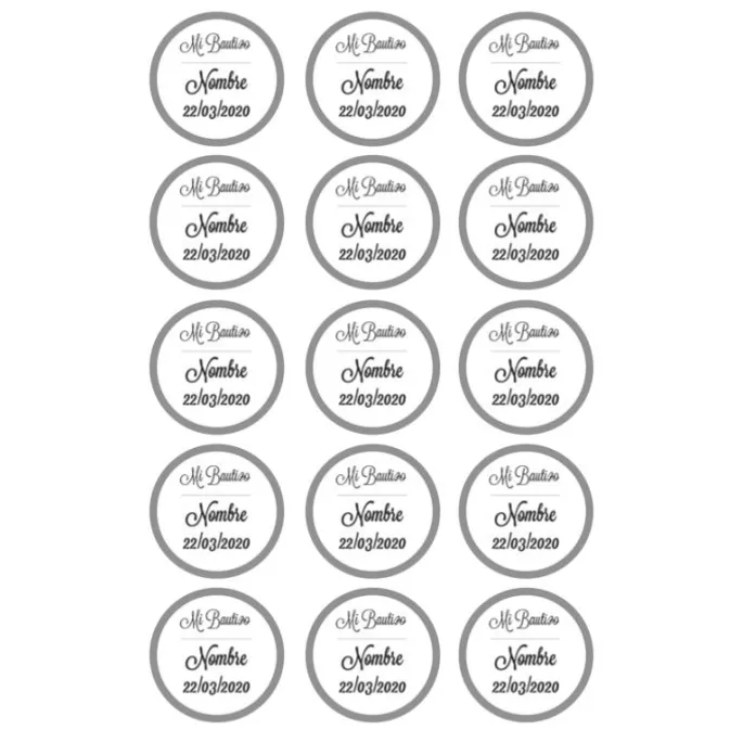 Papel de azúcar - 15 diseños iguales en Círculos de 5 cm Nombre y fecha Mi bautizo - Impresión comestible personalizada