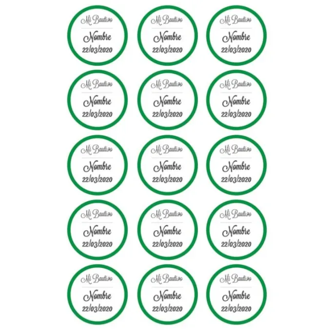Papel de azúcar - 15 diseños iguales en Círculos de 5 cm Nombre y fecha Mi bautizo - Impresión comestible personalizada