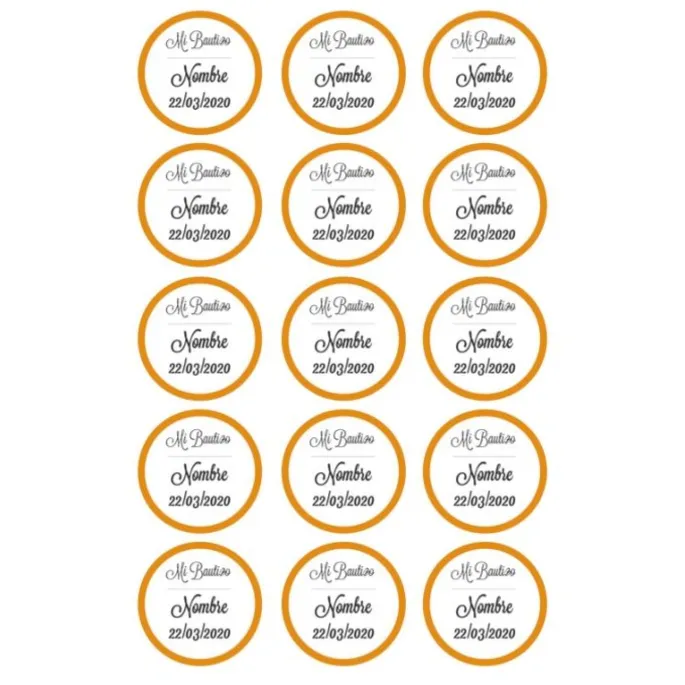 Papel de azúcar - 15 diseños iguales en Círculos de 5 cm Nombre y fecha Mi bautizo - Impresión comestible personalizada