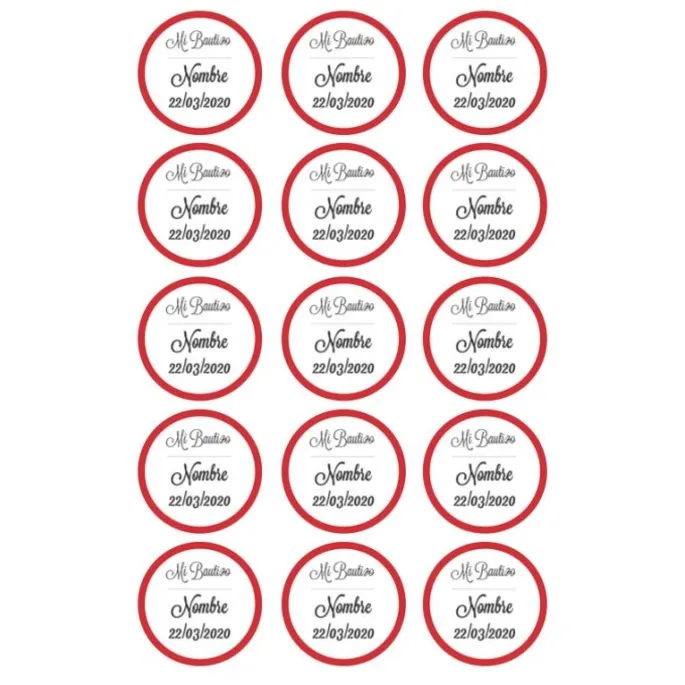 Papel de azúcar - 15 diseños iguales en Círculos de 5 cm Nombre y fecha Mi bautizo - Impresión comestible personalizada