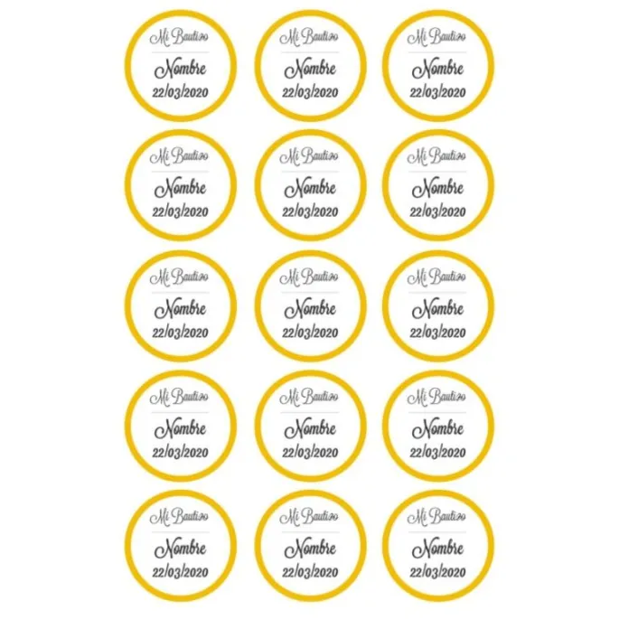 Papel de azúcar - 15 diseños iguales en Círculos de 5 cm Nombre y fecha Mi bautizo - Impresión comestible personalizada