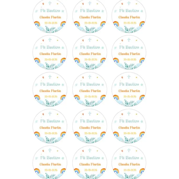 Papel de azúcar - 15 diseños iguales en Círculos de 5 cm Nombre y fecha Mi Bautizo 1 - Impresión comestible personalizada