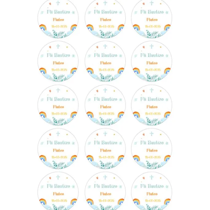 Papel de azúcar - 15 diseños iguales en Círculos de 5 cm Nombre y fecha Mi Bautizo 1 - Impresión comestible personalizada