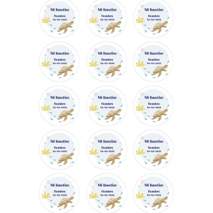 Papel de azúcar - 15 diseños iguales en Círculos de 5 cm Nombre y fecha Mi Bautizo 3 - Impresión comestible personalizada
