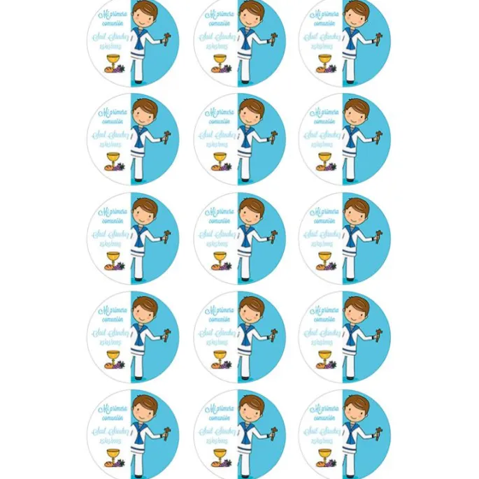 Papel de azúcar - 15 diseños iguales en Círculos de 5 cm Nombre y fecha Mi primera comunión azul - Impresión comestible personalizada