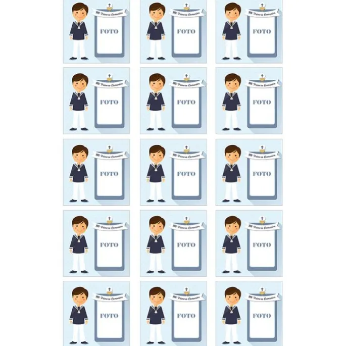 Papel de azúcar - 15 diseños iguales en Cuadrados de 5 cm Mi primera comunión (azul) con foto personalizada