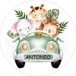 Papel de azúcar - Nombre en coche animalitos selva 20 cm - Impresión comestible personalizada