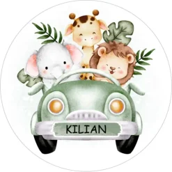 Papel de azúcar - Nombre en coche animalitos selva 20 cm - Impresión comestible personalizada
