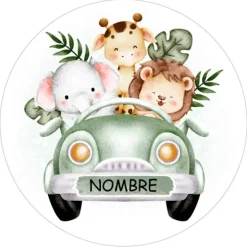 Papel de azúcar - Nombre en coche animalitos selva 20 cm - Impresión comestible personalizada