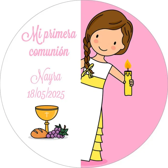 Papel de azúcar - Nombre y fecha Mi primera comunión rosa 20 cm - Impresión comestible personalizada