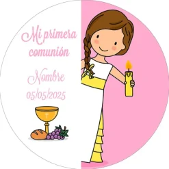 Papel de azúcar - Nombre y fecha Mi primera comunión rosa 20 cm - Impresión comestible personalizada