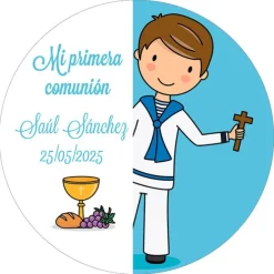 Papel de azúcar - Nombre y fecha Mi primera comunión azul 20 cm - Impresión comestible personalizada