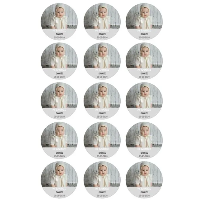 Papel de oblea con foto, nombre y fecha personalizada círculo 5 cm (15) - Mi Bautizo