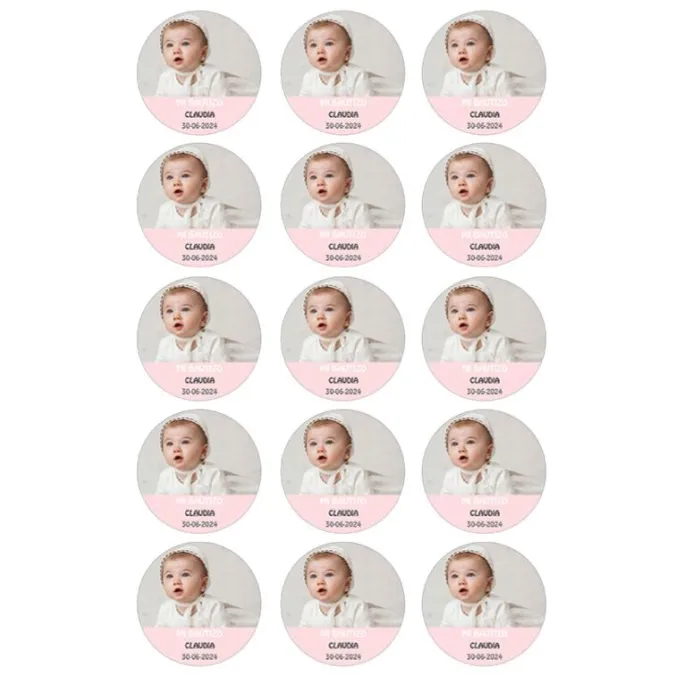 Papel de oblea con foto, nombre y fecha personalizada círculo 5 cm (15) - Mi Bautizo