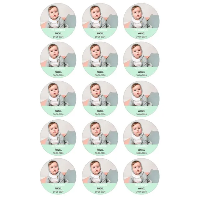 Papel de oblea con foto, nombre y fecha personalizada círculo 5 cm (15) - Mi Bautizo
