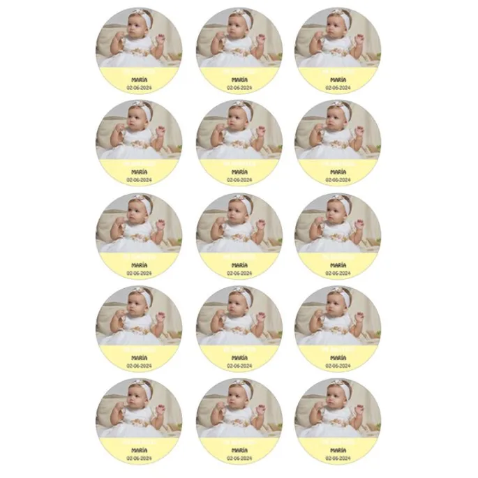 Papel de oblea con foto, nombre y fecha personalizada círculo 5 cm (15) - Mi Bautizo