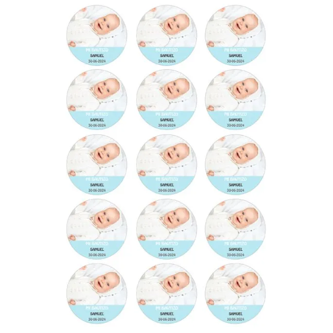 Papel de oblea con foto, nombre y fecha personalizada círculo 5 cm (15) - Mi Bautizo