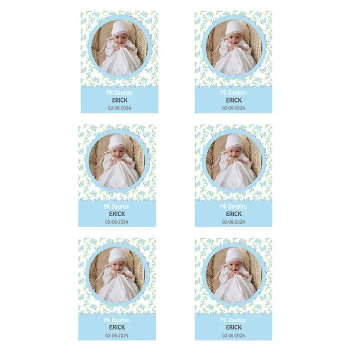 Papel de oblea con foto, nombre y fecha personalizada - Mi Bautizo azul 6 x 8 cm (6)