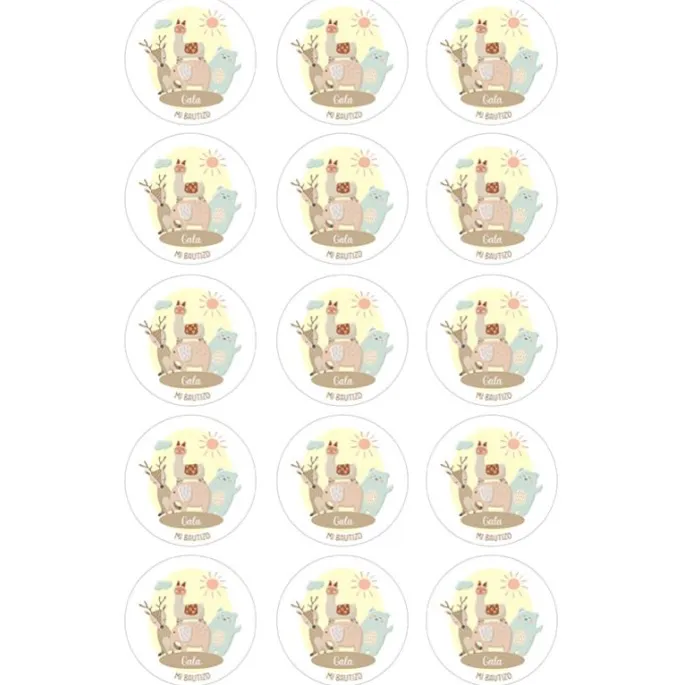Papel de oblea - 15 círculos iguales de 5 cm Nombres y rótulo Animalitos - Impresión personalizada