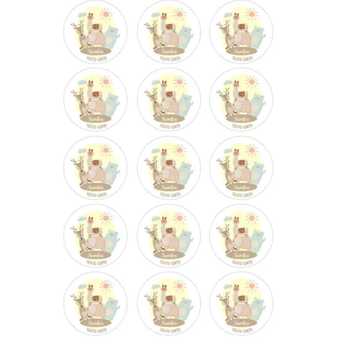 Papel de oblea - 15 círculos iguales de 5 cm Nombres y rótulo Animalitos - Impresión personalizada