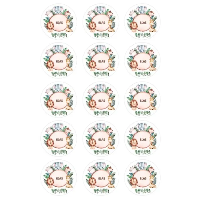 Papel de oblea - 15 círculos iguales de 5 cm Nombre animalitos selva - Impresión personalizada