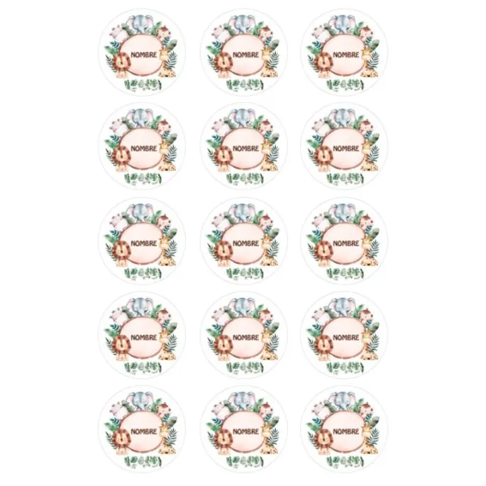 Papel de oblea - 15 círculos iguales de 5 cm Nombre animalitos selva - Impresión personalizada