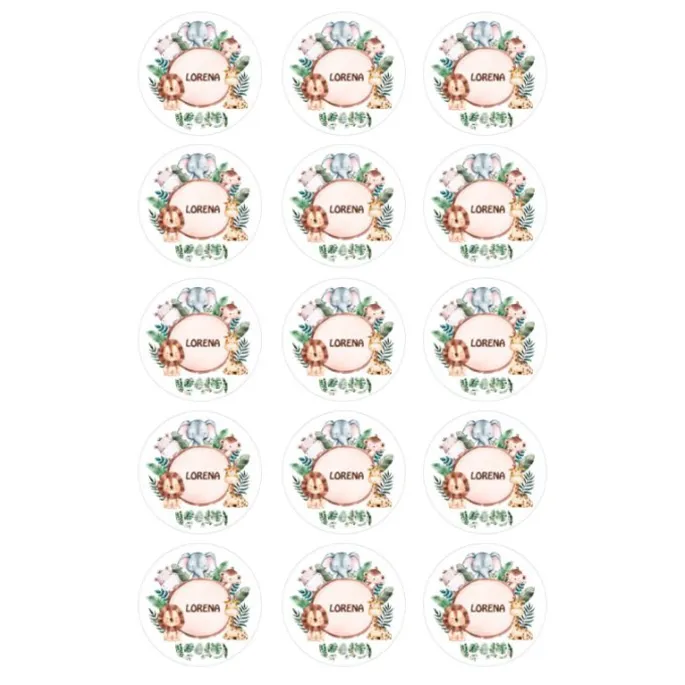 Papel de oblea - 15 círculos iguales de 5 cm Nombre animalitos selva - Impresión personalizada