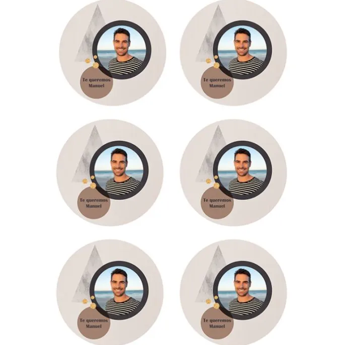 Papel de oblea - 6 diseños iguales en Círculos de 8 cm Foto y Rótulo Diseño 1 - Impresión personalizada