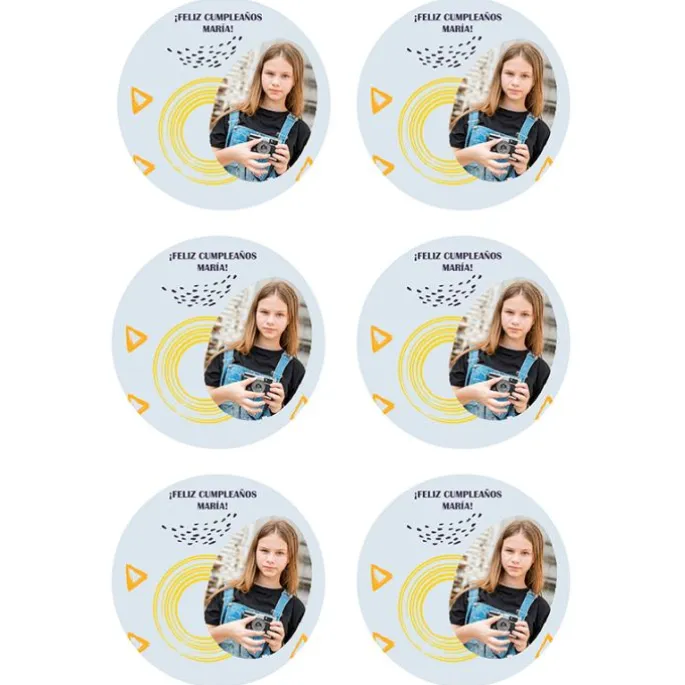 Papel de oblea - 6 diseños iguales en Círculos de 8 cm Foto y Rótulo Diseño 2 - Impresión personalizada