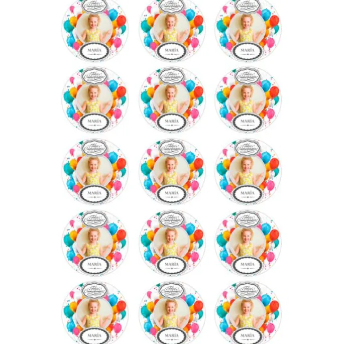 Papel de oblea - 15 diseños iguales en Círculos de 5 cm Foto y nombre Feliz Cumpleaños - Impresión personalizada
