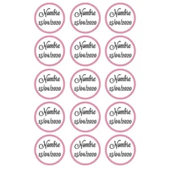 Papel de oblea - 15 diseños iguales en Círculos de 5 cm Nombre y fecha Nacimiento - Impresión personalizada