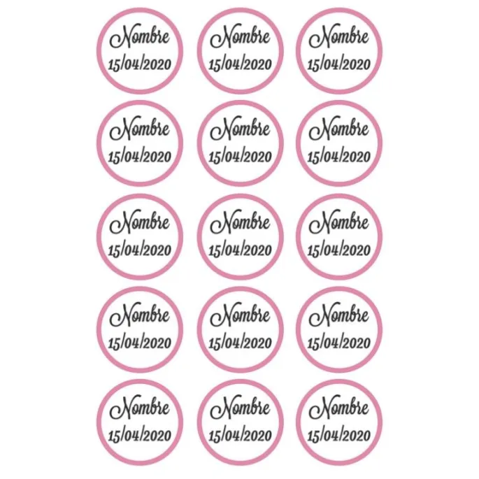Papel de oblea - 15 diseños iguales en Círculos de 5 cm Nombre y fecha Nacimiento - Impresión personalizada