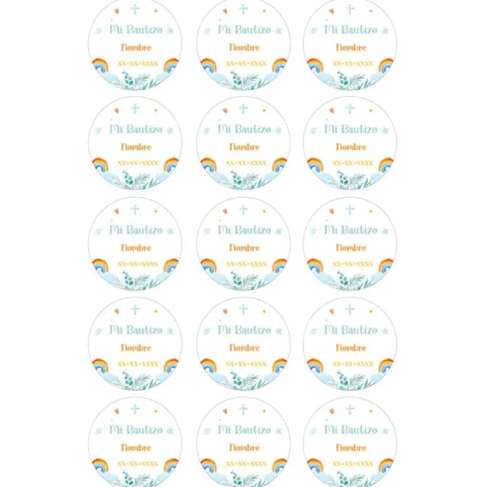 Papel de oblea - 15 diseños iguales en Círculos de 5 cm Nombre y fecha Mi Bautizo 1 - Impresión personalizada