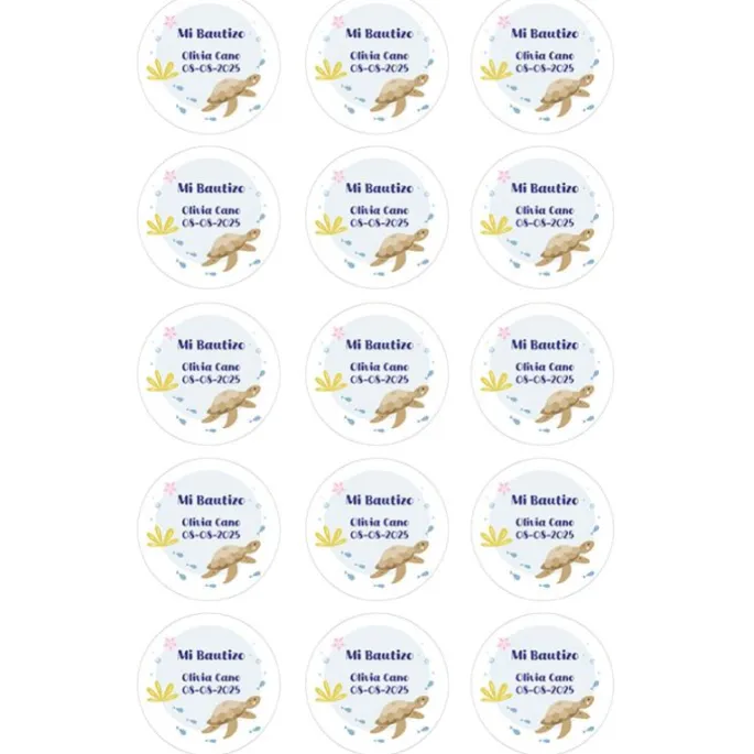 Papel de oblea - 15 diseños iguales en Círculos de 5 cm Nombre y fecha Mi Bautizo 3 - Impresión personalizada