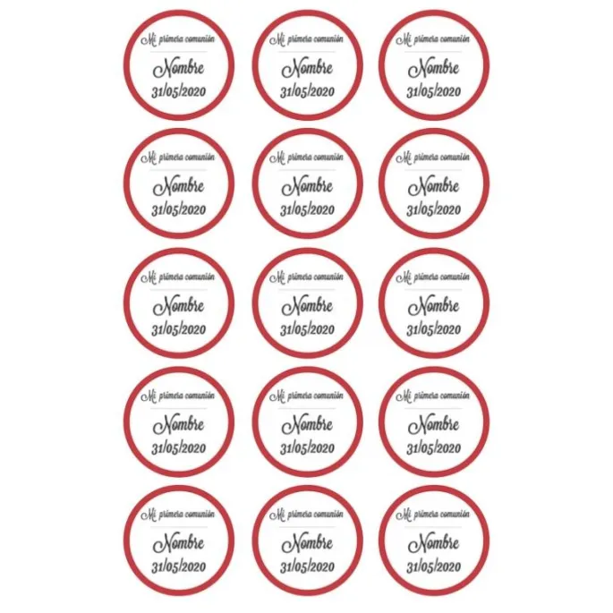 Papel de oblea - 15 diseños iguales en Círculos de 5 cm Nombre y fecha Mi primera comunión - Impresión personalizada