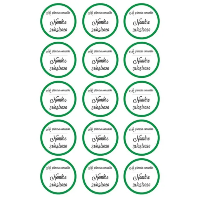 Papel de oblea - 15 diseños iguales en Círculos de 5 cm Nombre y fecha Mi primera comunión - Impresión personalizada