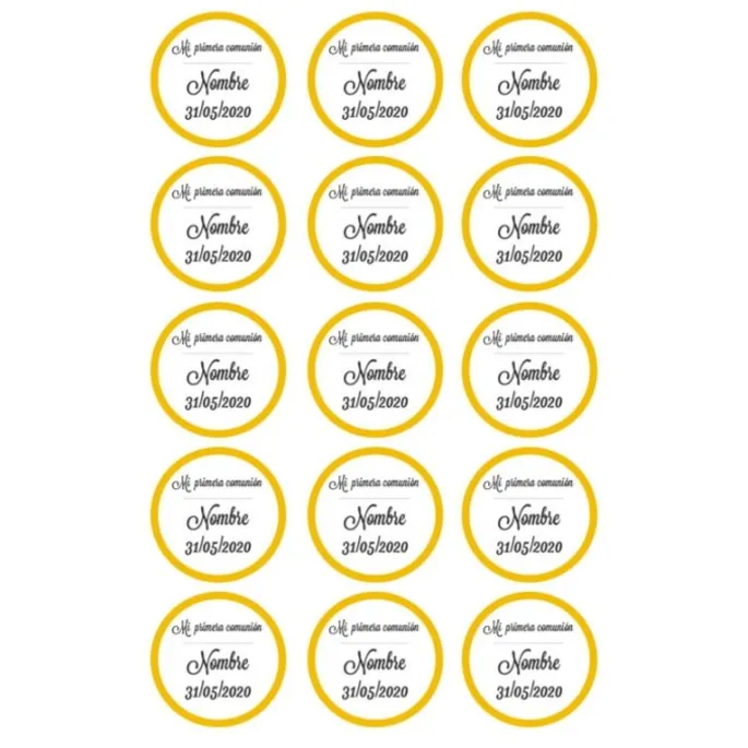 Papel de oblea - 15 diseños iguales en Círculos de 5 cm Nombre y fecha Mi primera comunión - Impresión personalizada