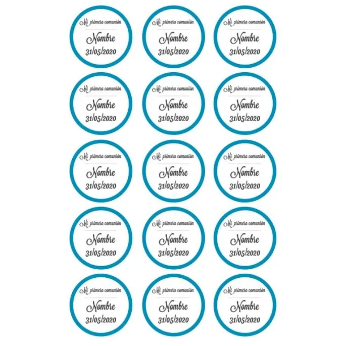 Papel de oblea - 15 diseños iguales en Círculos de 5 cm Nombre y fecha Mi primera comunión - Impresión personalizada
