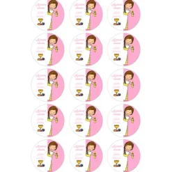 Papel de oblea - 15 diseños iguales en Círculos de 5 cm Nombre y fecha Mi primera comunión rosa - Impresión personalizada